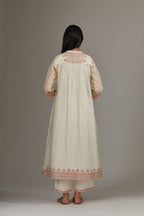 Hand block printed kurta dress set with quilted, embroidered yoke with fine gathers