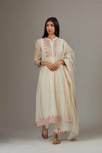 Hand block printed kurta dress set with quilted, embroidered yoke with fine gathers