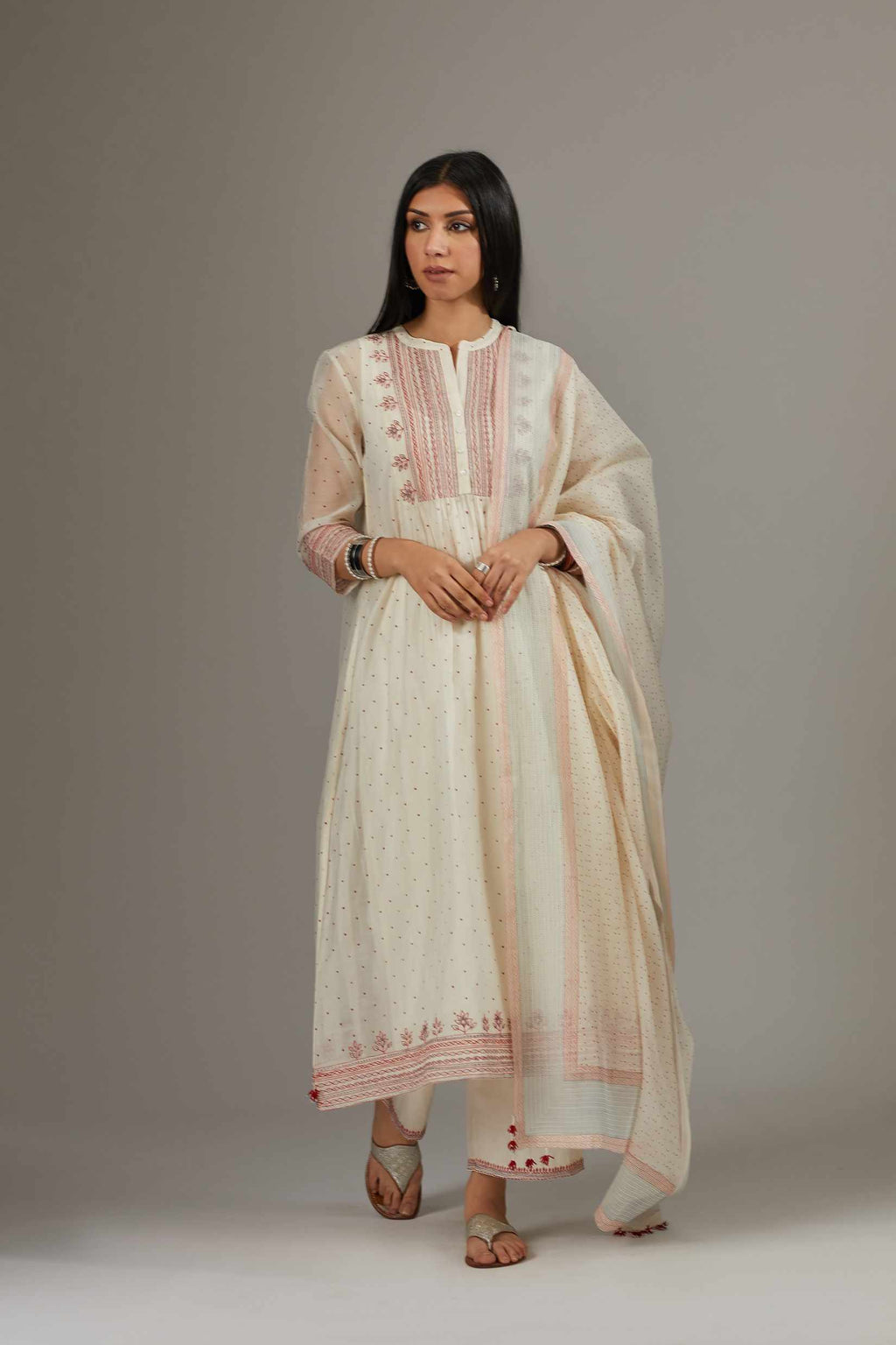 Hand block printed kurta dress set with quilted, embroidered yoke with fine gathers
