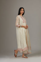 Hand block printed kurta dress set with quilted, embroidered yoke with fine gathers