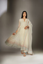 Multi-tiered hand block printed kurta set detailed with an all-over quilted and printed yoke
