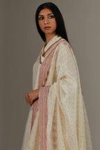 Cotton Chanderi dupatta with hand block print and quilted embroidered edges