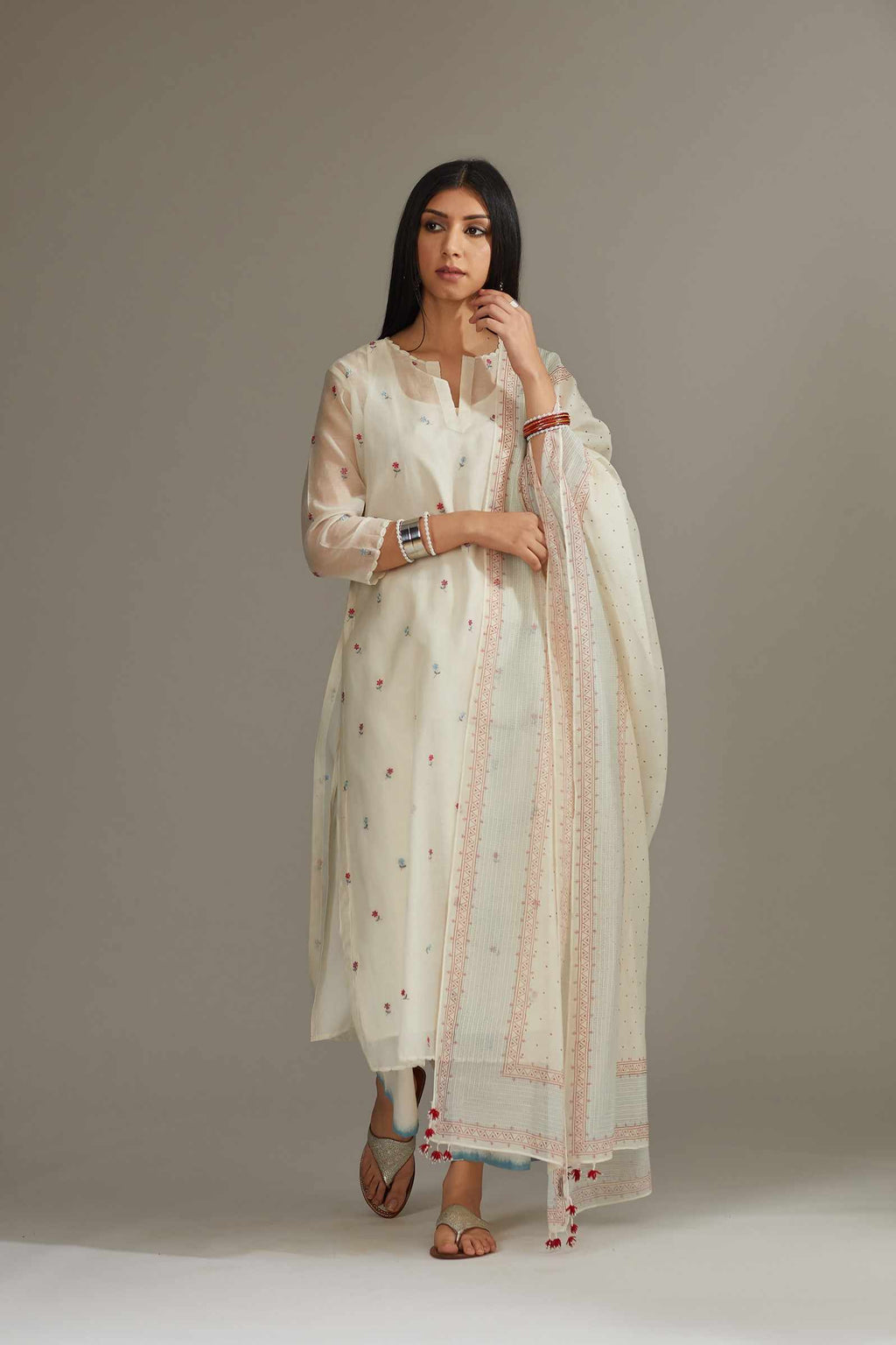 Straight Kurta set detailed with all-over multi colored small floral embroidery