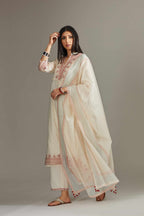 Hand block printed kurta set detailed with quilted embroidery