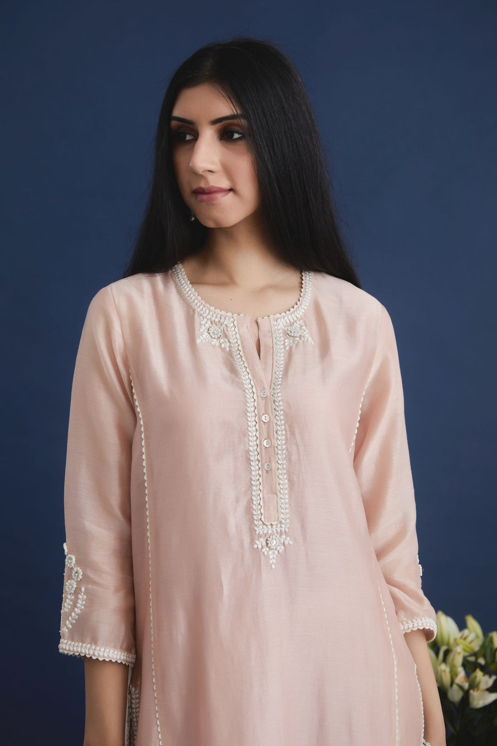 Blush pink straight kurta set with off white embroidery and button placket neckline in front