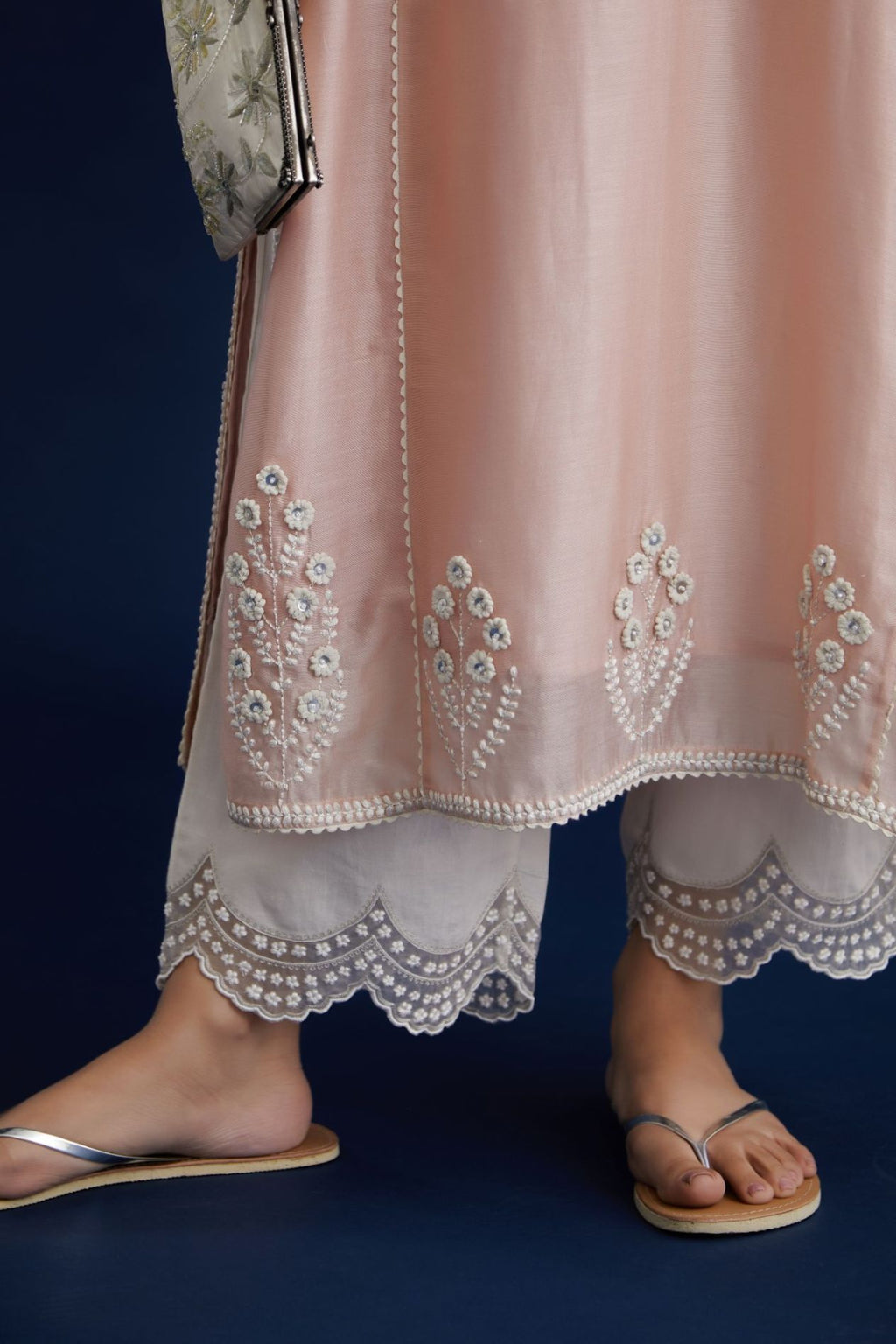 Blush pink straight kurta set with off white embroidery and button placket neckline in front