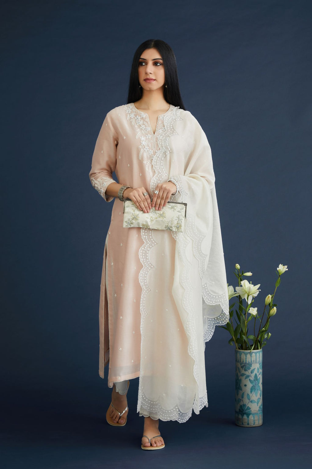Silk chanderi straight kurta set with all-over silk thread embroidery, highlighted with beads and sequin hand work