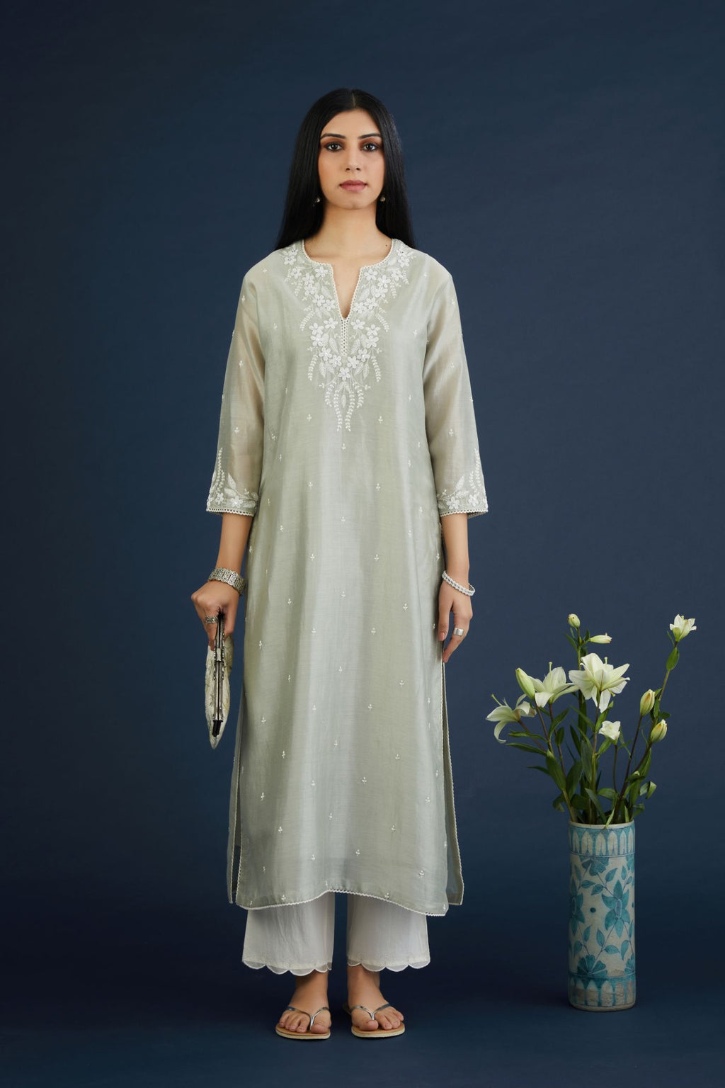 Silk chanderi straight kurta set with all-over silk thread embroidery, highlighted with beads and sequin hand work