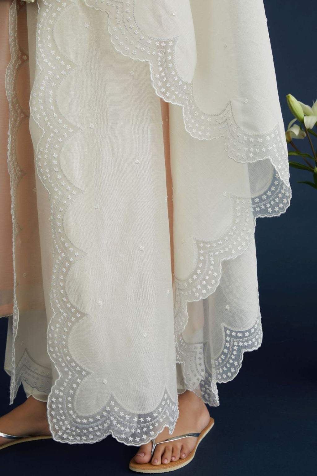 Off white silk chanderi dupatta with scalloped embroidered edges