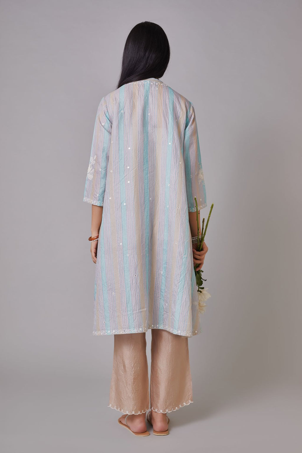 Multi striped hand block printed short shirt-kurta set with all-over mirror and raised flower embroidery.