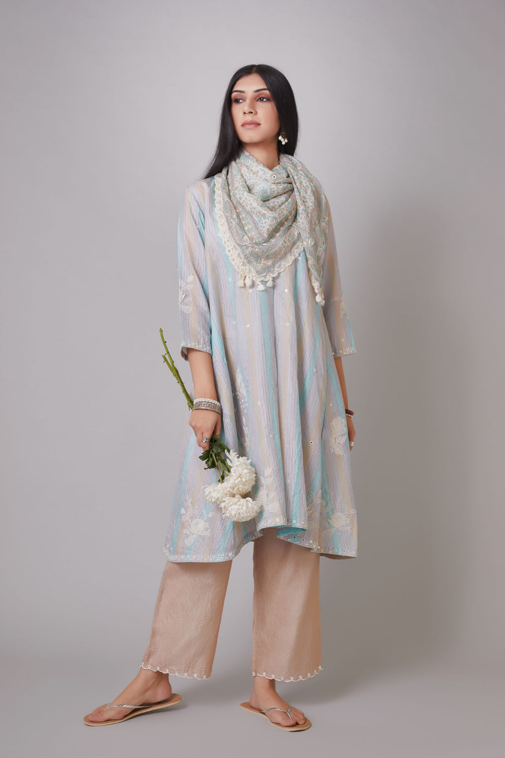 Multi striped hand block printed short shirt-kurta set with all-over mirror and raised flower embroidery.