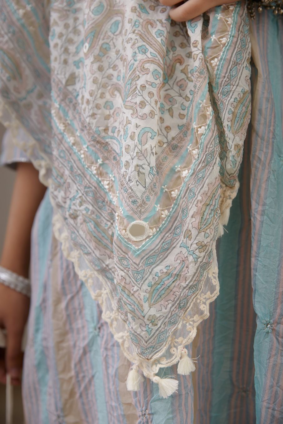 Hand crushed block printed light silk square scarf, highlighted with embroidery, mirror, lace and thread tassels (Scarf)