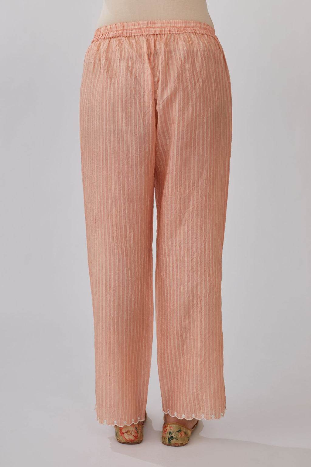 Peach striped hand block printed straight pants with embroidery and mirror hand work at bottom hem (Pants)