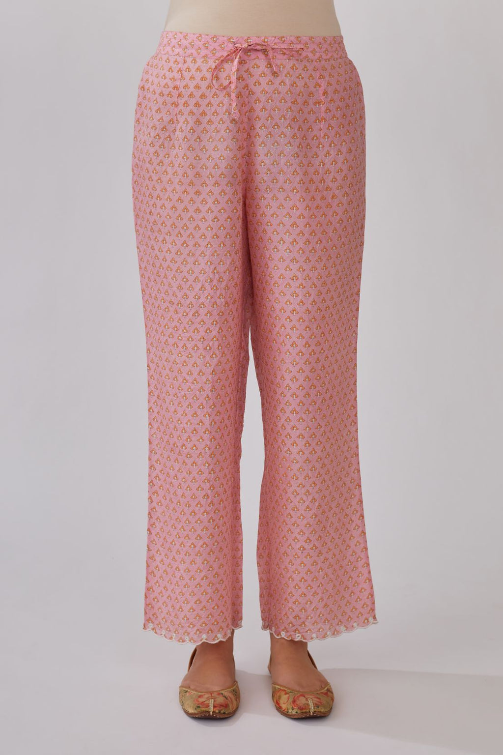 Pink hand block printed straight pants with embroidery and mirror hand work at bottom hem (Pants)