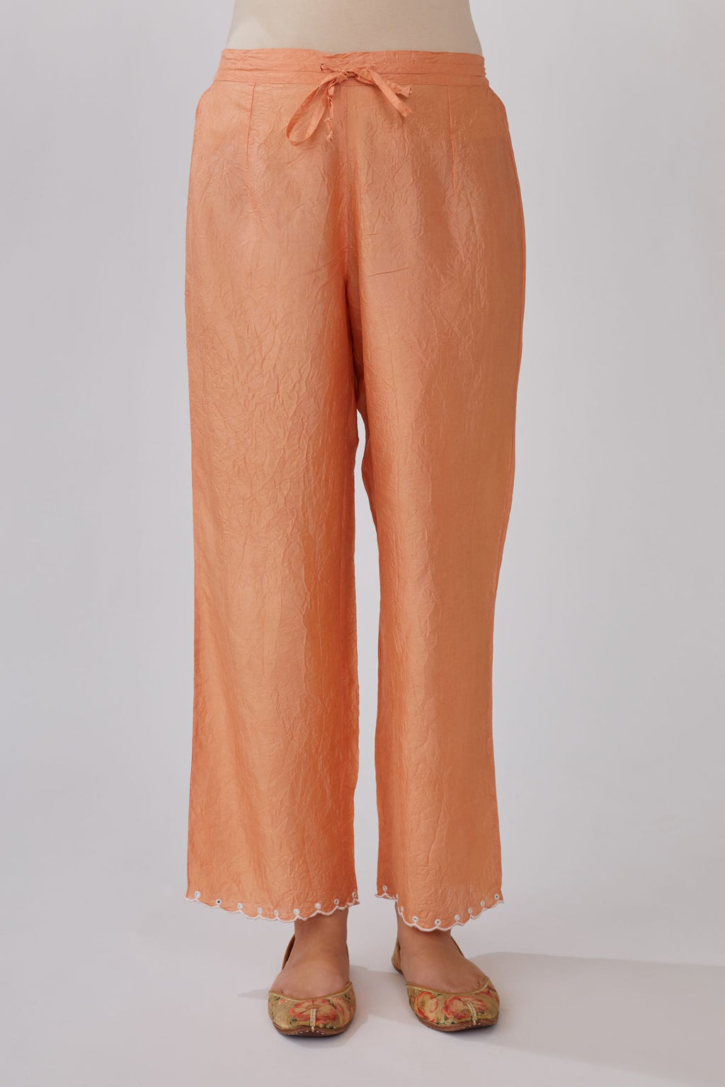 Peach hand crushed silk straight pants with embroidery and mirror hand work at bottom hem (Pants)