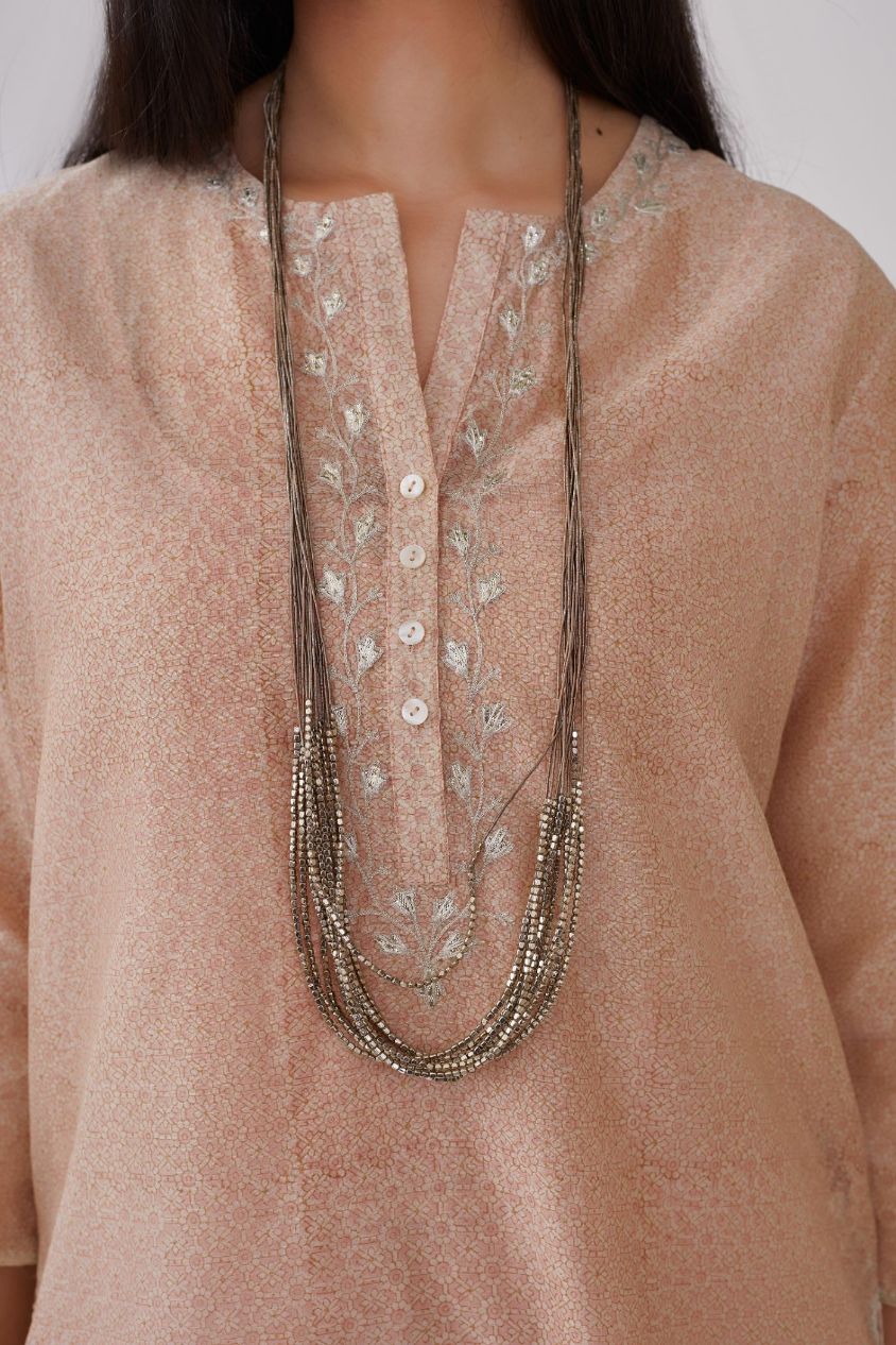 Pink hand block printed silk chanderi kurta set with silver gota embroidery