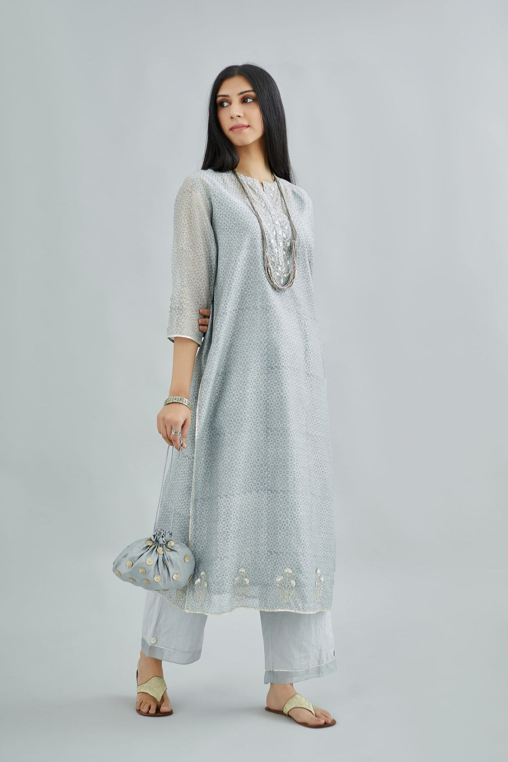 Steel blue hand block printed silk chanderi kurta set with silver gota embroidery