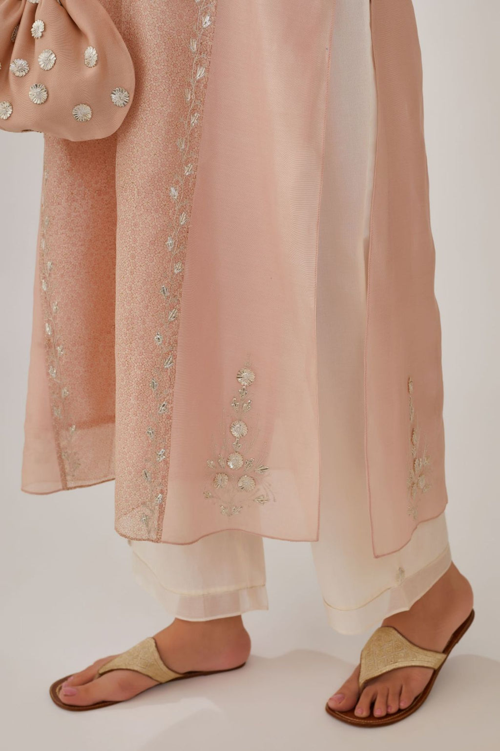Pink hand block printed silk chanderi kurta set with gota embroidery and plain side panels