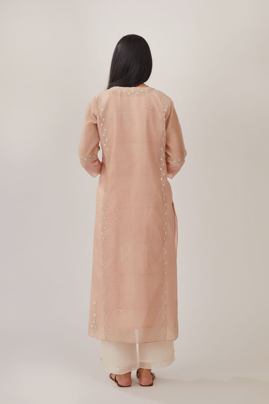 Pink hand block printed silk chanderi kurta set with gota embroidery and plain side panels