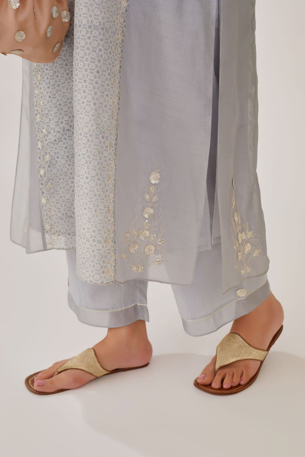 Steel blue hand block printed silk chanderi kurta set with gota embroidery and plain side panels