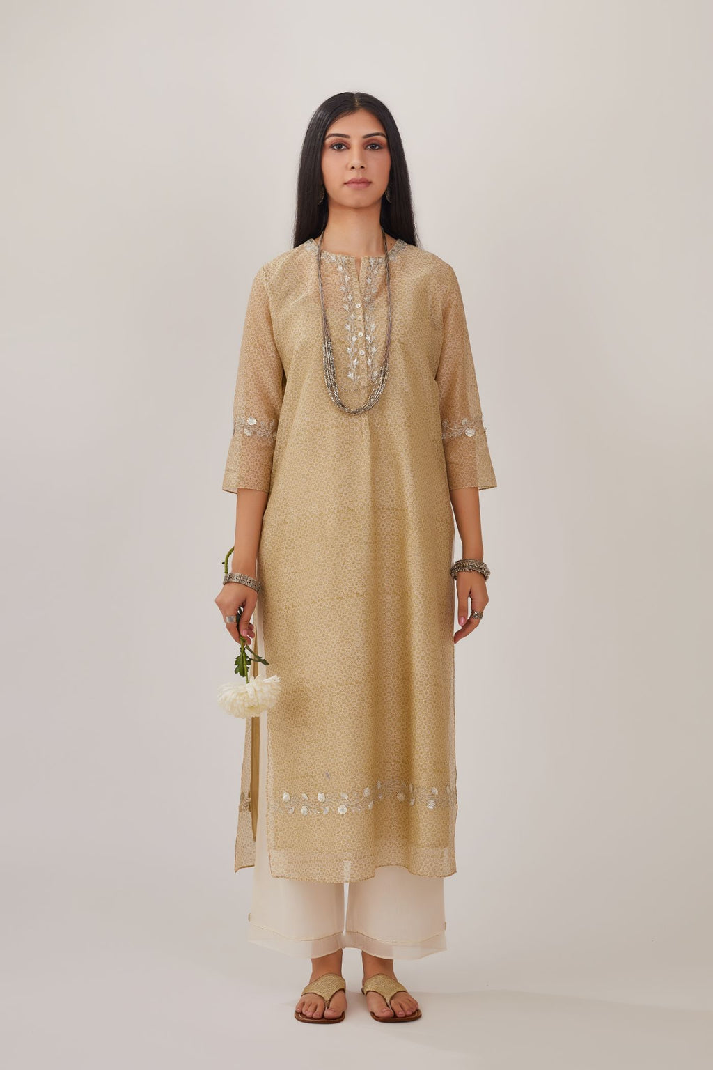 Olive hand block printed silk chanderi straight kurta highlighted with silver gota embroidery