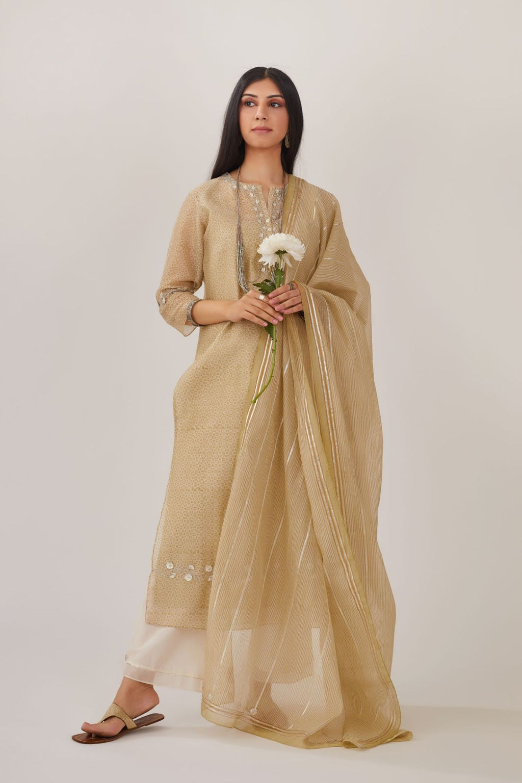 Olive hand block printed silk chanderi straight kurta set highlighted with silver gota embroidery