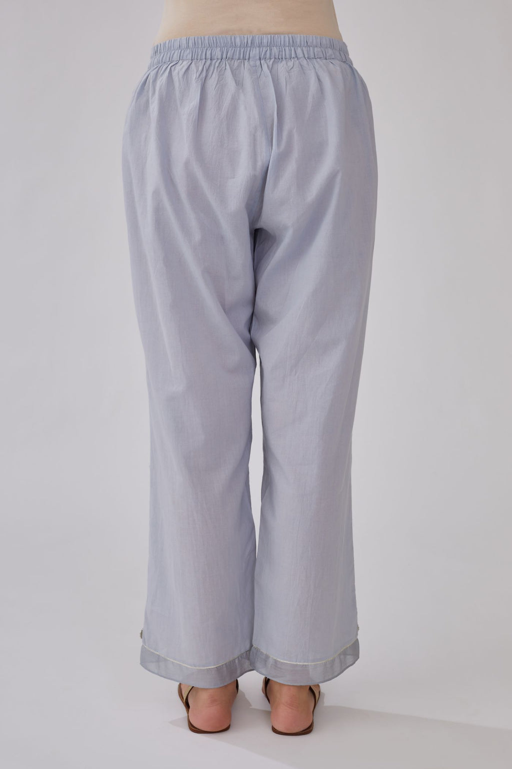 Steel blue straight pants with gota and silk chanderi fabric detaling at bottom hem