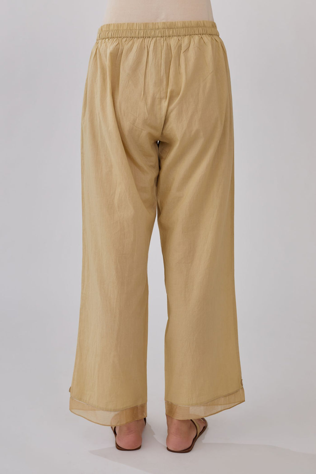 Olive straight pants with gota and silk chanderi fabric detaling at bottom hem