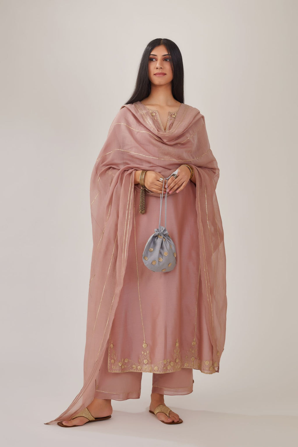 Lilac cotton chanderi dupatta highlighted with all-over gota work