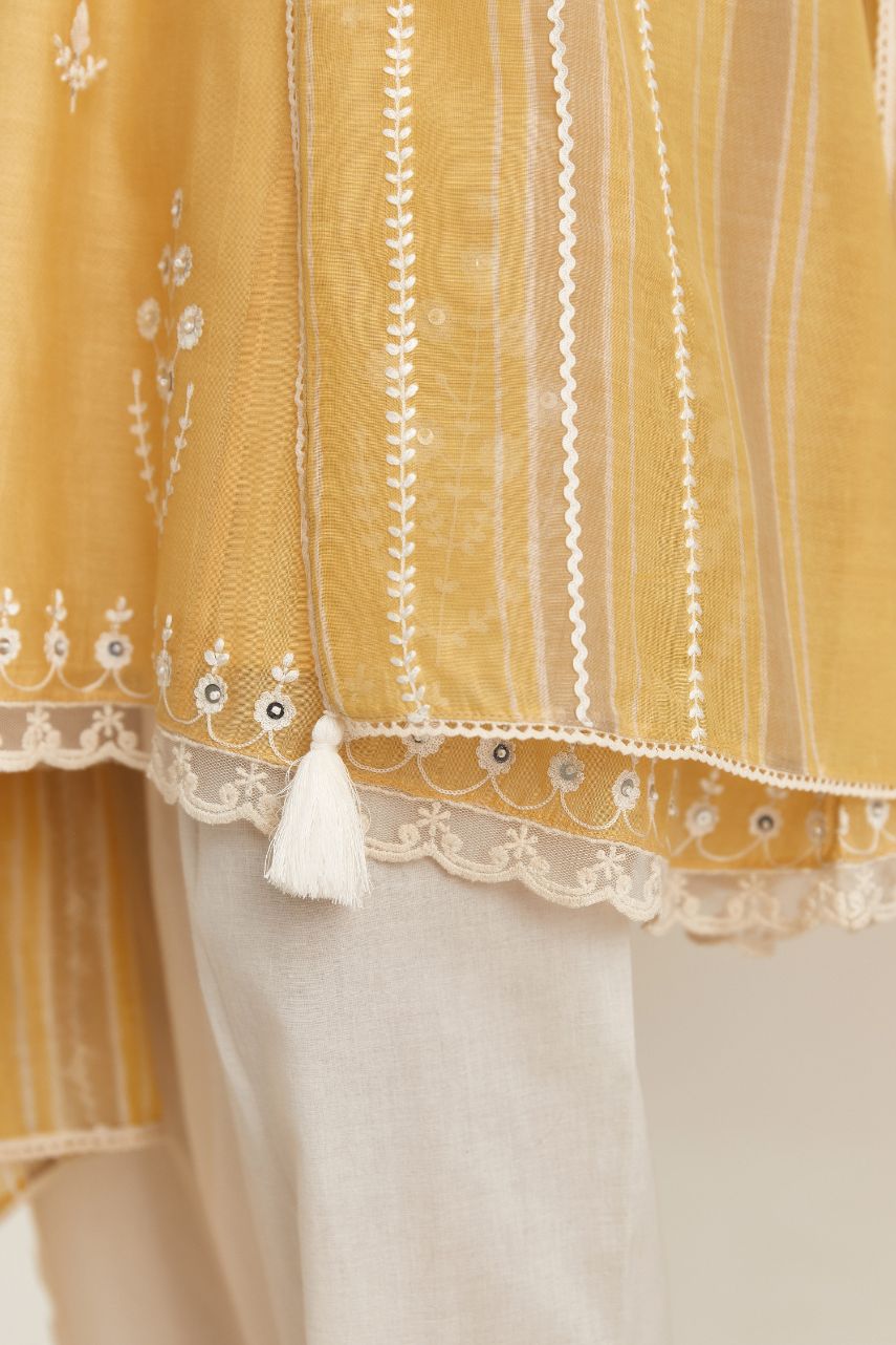 Yellow cotton chanderi short kalidar kurta set, with off white silk thread embroidery, highlighted with hand attached sequin and beads.