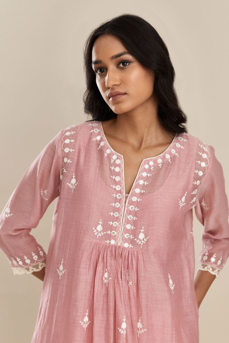 Cotton chanderi Kurta dress set with all-over off white silk thread embroidery, highlighted with hand attached sequin and beads.