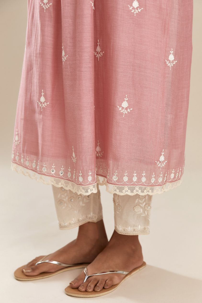 Cotton chanderi Kurta dress set with all-over off white silk thread embroidery, highlighted with hand attached sequin and beads.