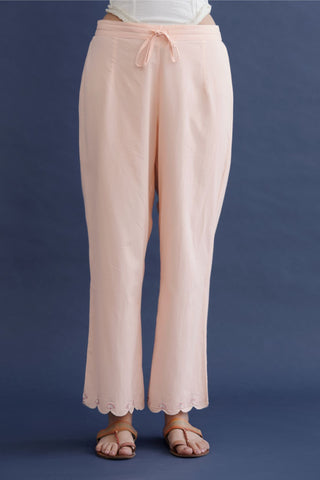 Cotton straight pants with scalloped zari and contrast coloured thread embroidered bottom hem