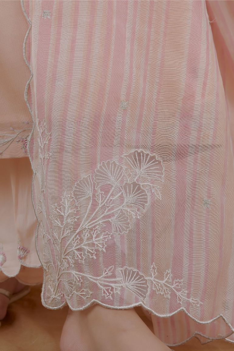 Peach and pink striped hand block printed dupatta with cutwork embroidery and scalloped edges