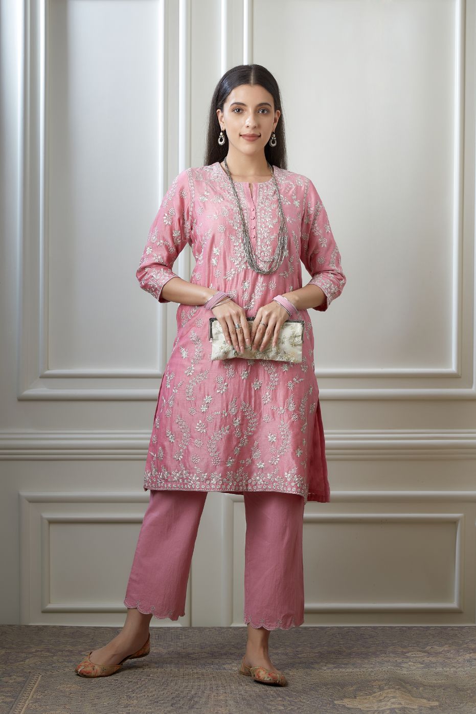 Lotus pink short kurta set highlighted with all-over silver zari embroidery