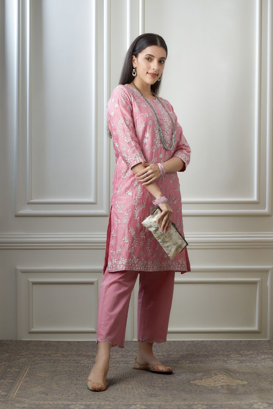 Lotus pink short kurta set highlighted with all-over silver zari embroidery