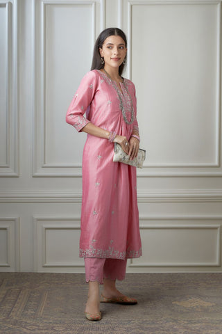 Lotus pink silver zari embroidered kurta dress set with fine gathers at waistline