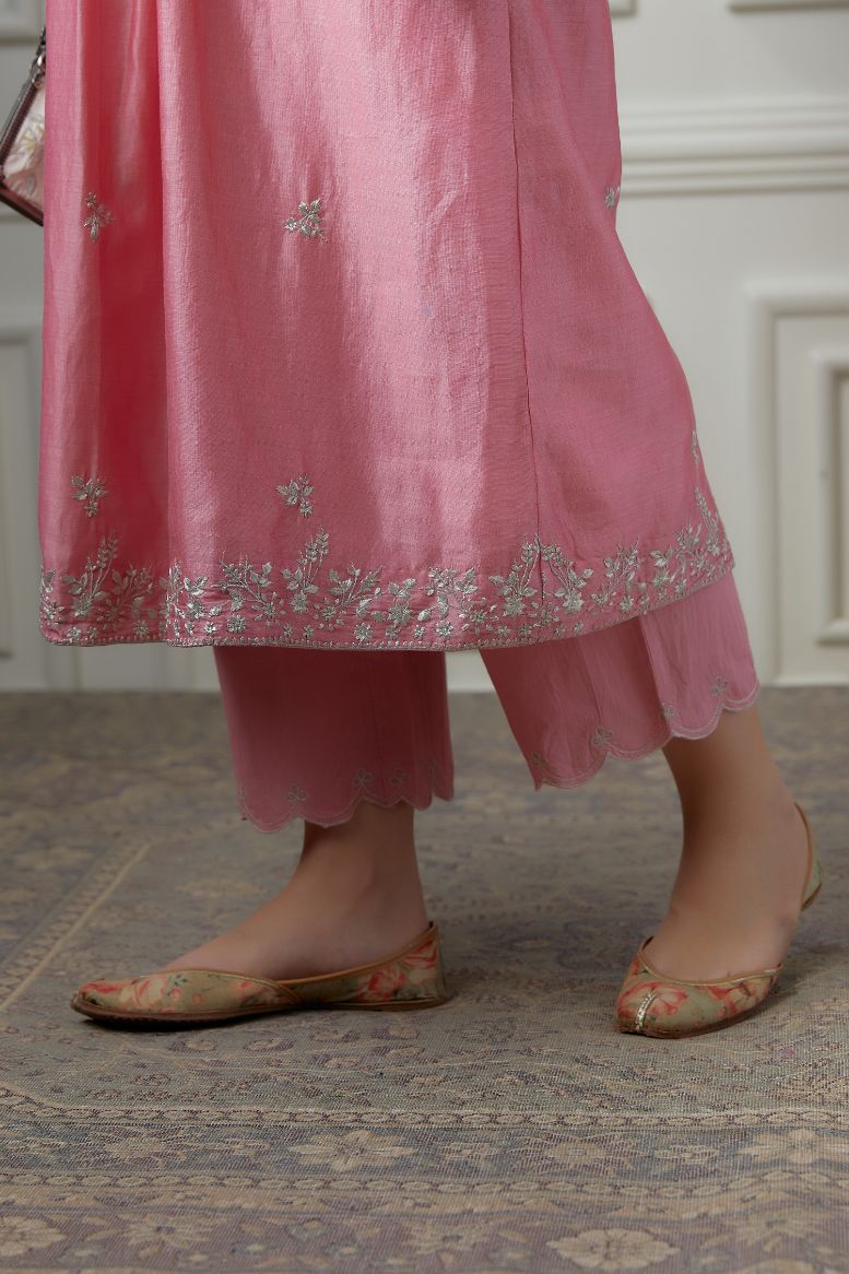 Lotus pink silver zari embroidered kurta dress set with fine gathers at waistline