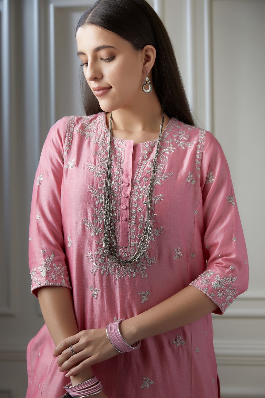 Lotus pink straight kurta set detailing with all-over silver zari embroidery and side panels