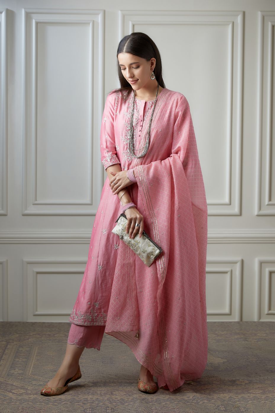Lotus pink straight kurta set detailing with all-over silver zari embroidery and side panels