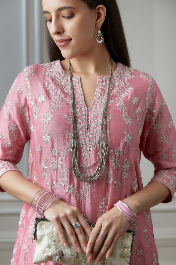 Lotus pink straight kurta set with all-over silver zari embroidery and round neck with slit in front