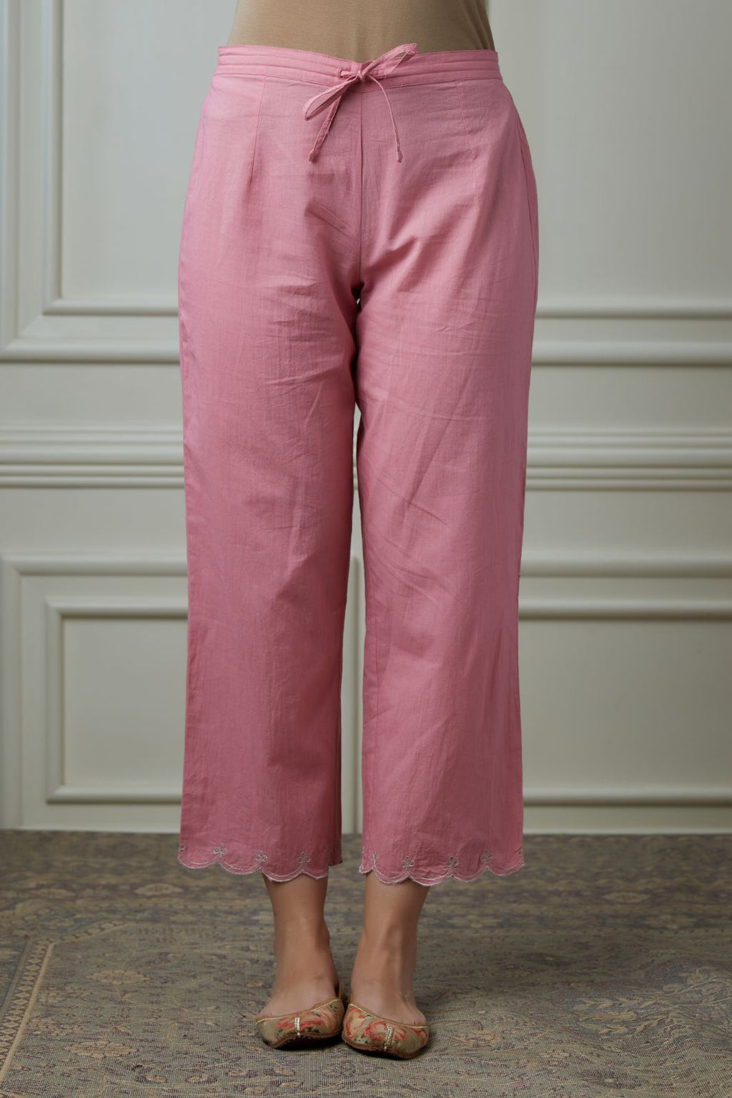 Straight cotton pants with scalloped zari embroidered bottom hem