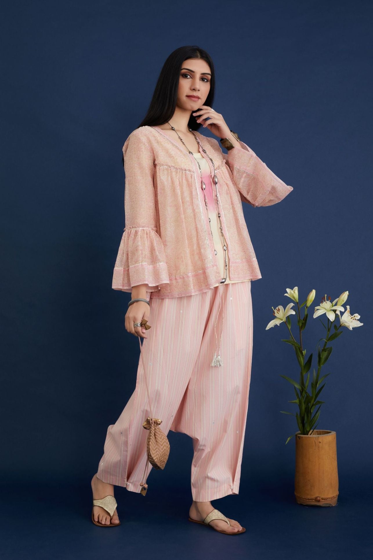 Hand block printed short top with tie and dye cotton slip inside