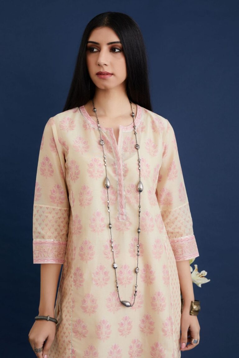 Pink and beige straight kurta set in assorted hand block prints with front placket and side panels