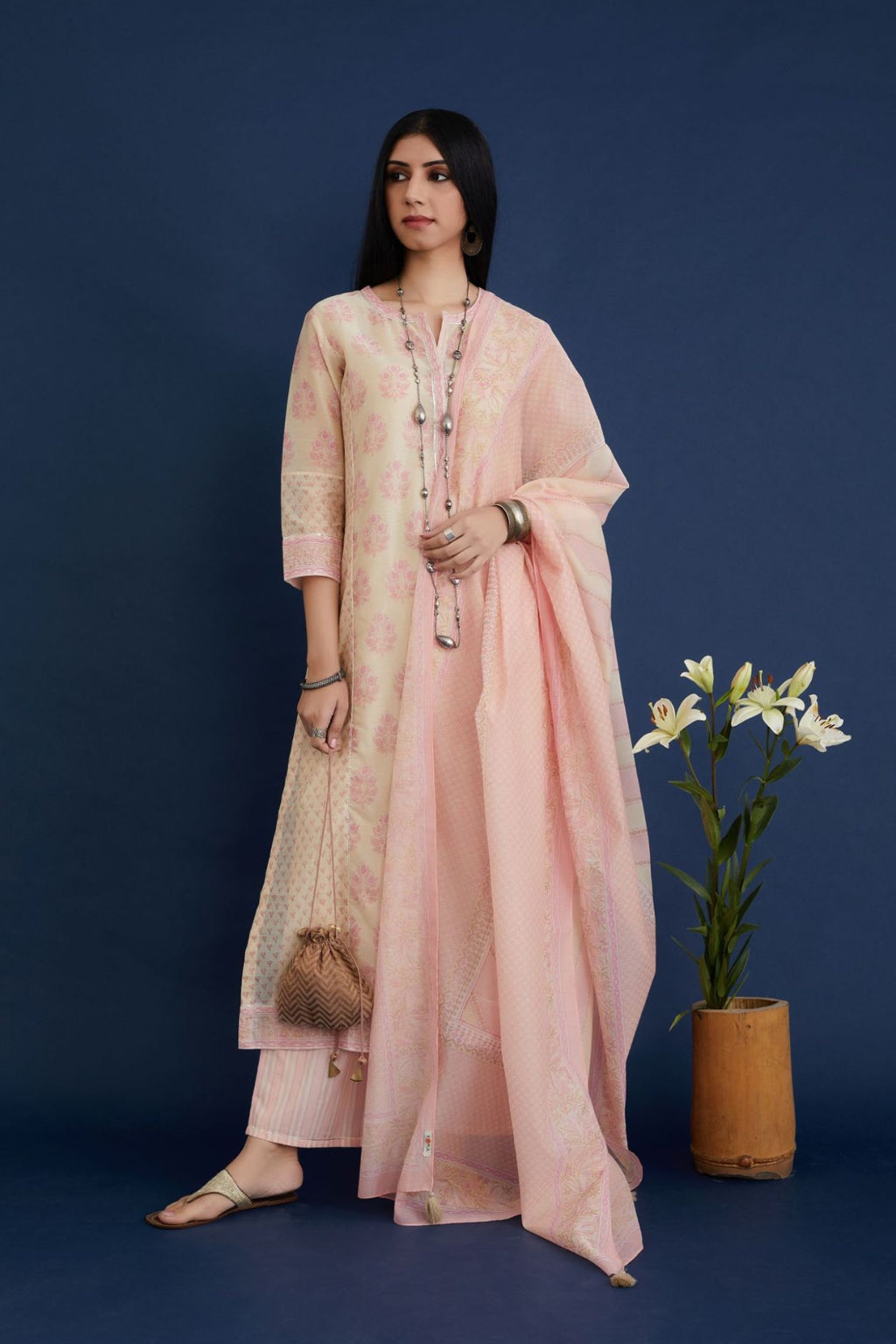 Pink and beige straight kurta set in assorted hand block prints with front placket and side panels