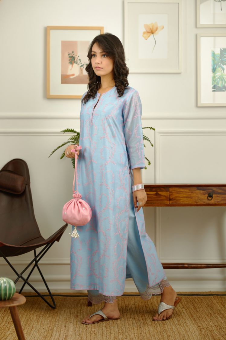 Peach block printed kurta with straight pants and kota dupatta  Set of  Three by The Weave Story  The Secret Label