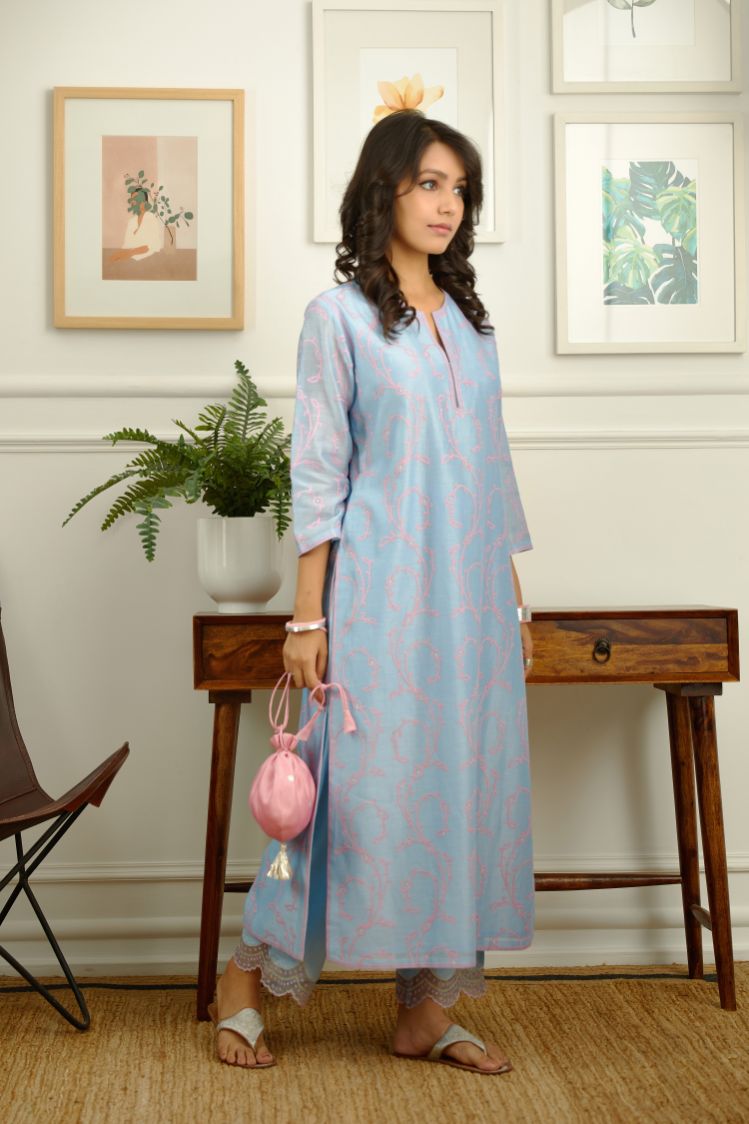 Blue Silk chanderi straight kurta set with all-over pink contrast silk thread embroidery.