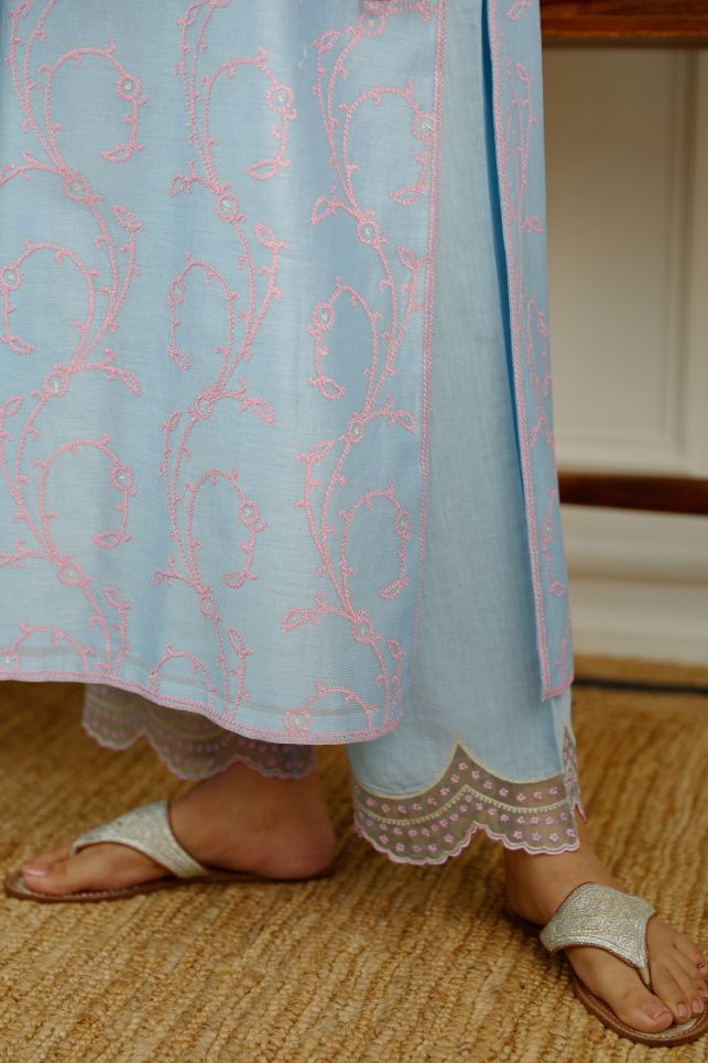 Blue Silk chanderi straight kurta set with all-over pink contrast silk thread embroidery.