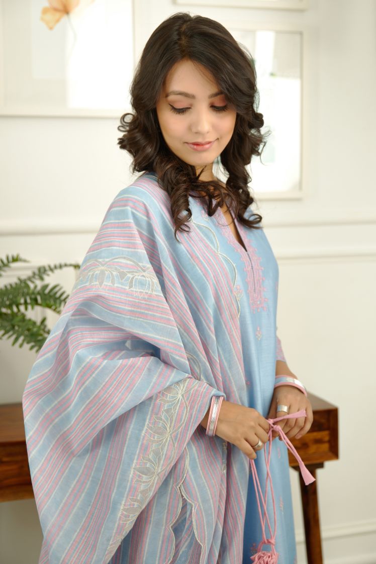 Silk Chanderi straight kurta set, lined with cotton and embroidered with pink contrast silk thread.