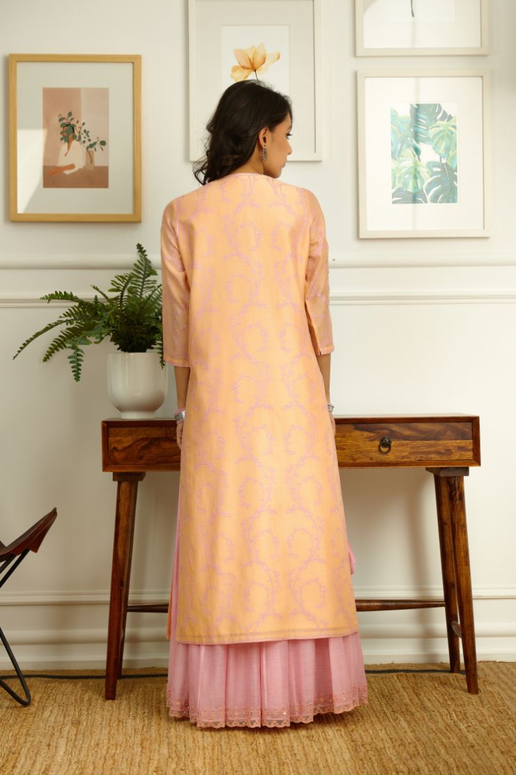 Peach Silk chanderi straight kurta set with all-over pink contrast silk thread embroidery.